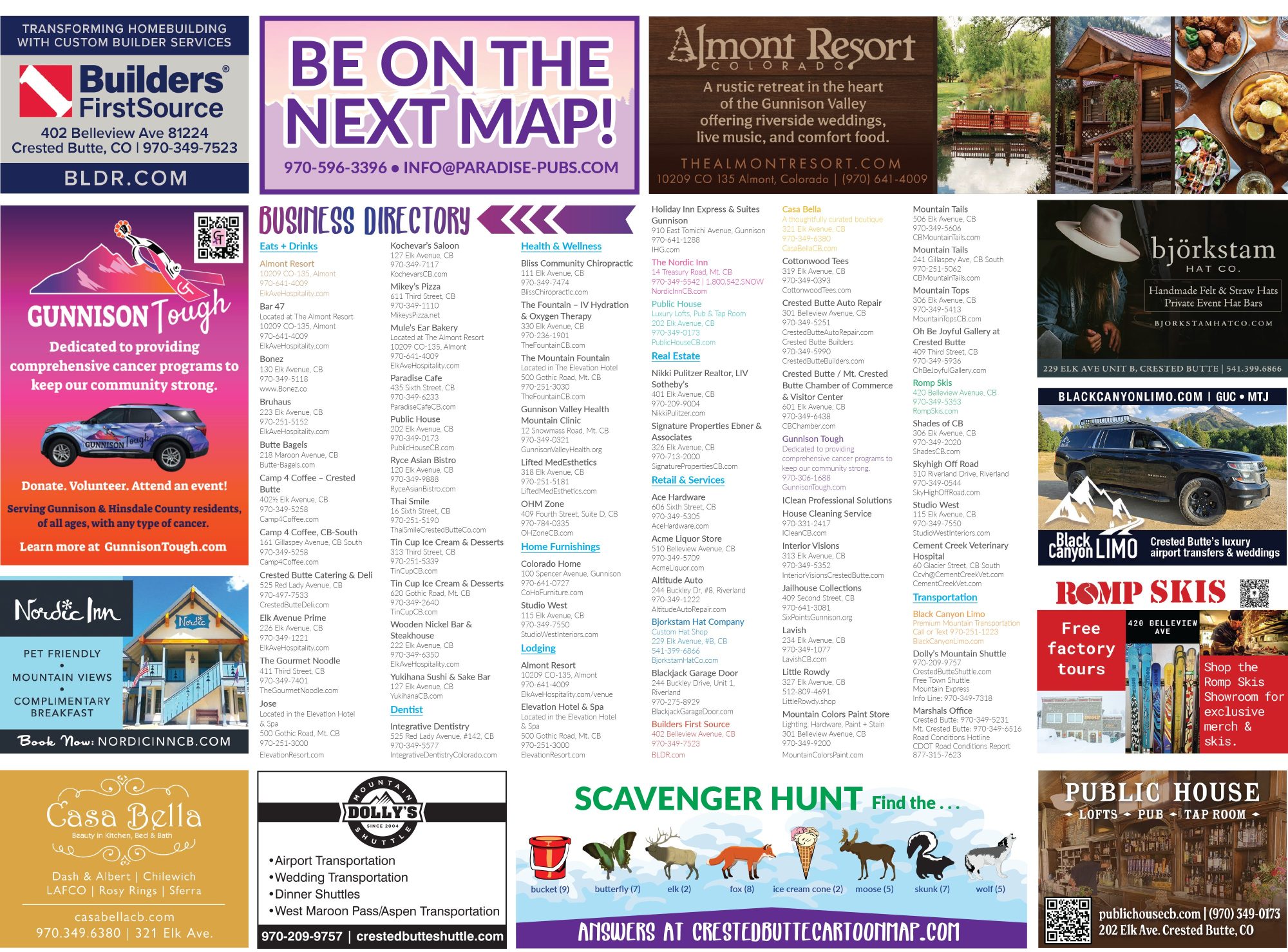 2026-2027 Crested Butte Cartoon Map Business Directory (see text content below for screen readable business directory)